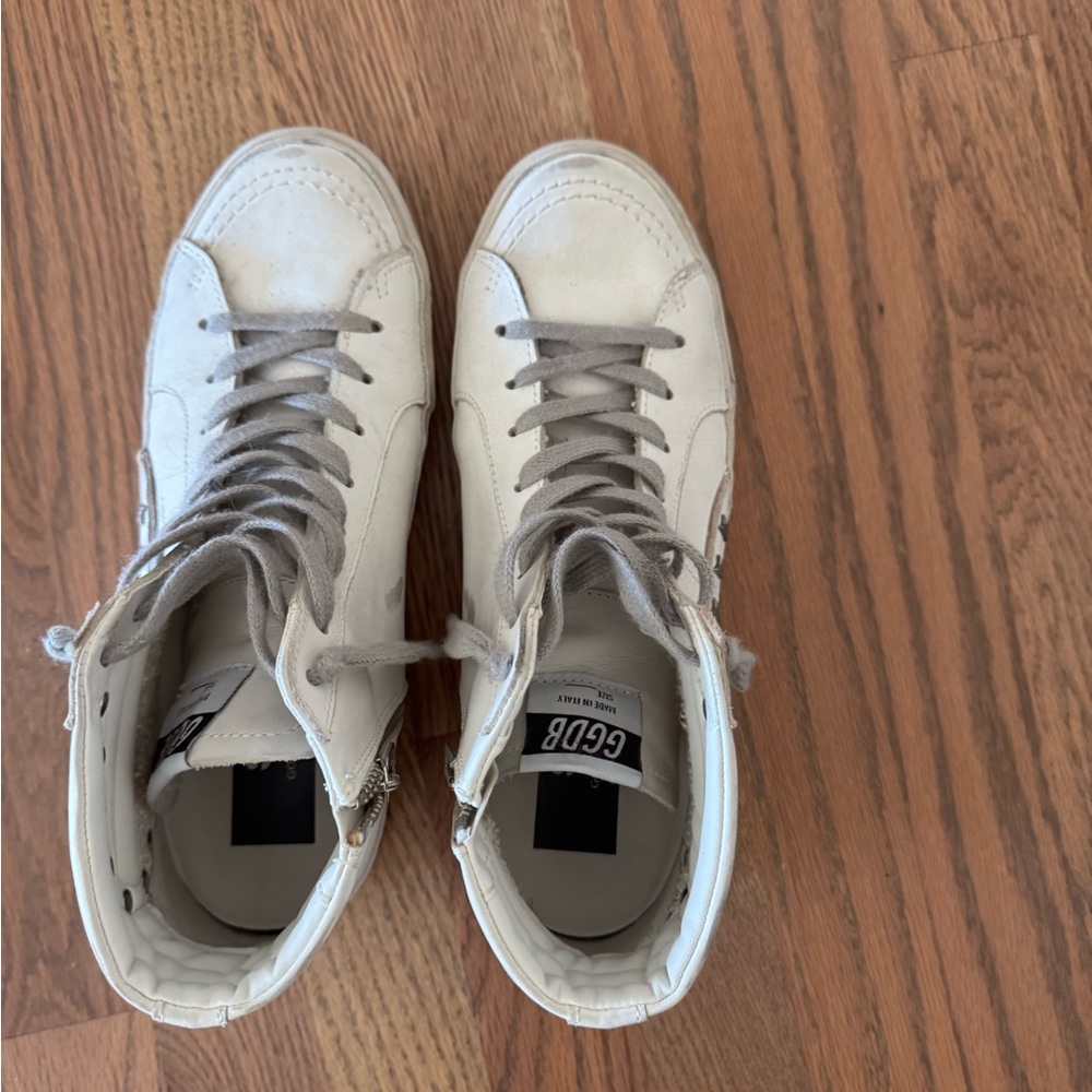 Golden Goose Women's Slide Studded Leather High Top Sneakers Optic White/Silver - Picture 3 of 5